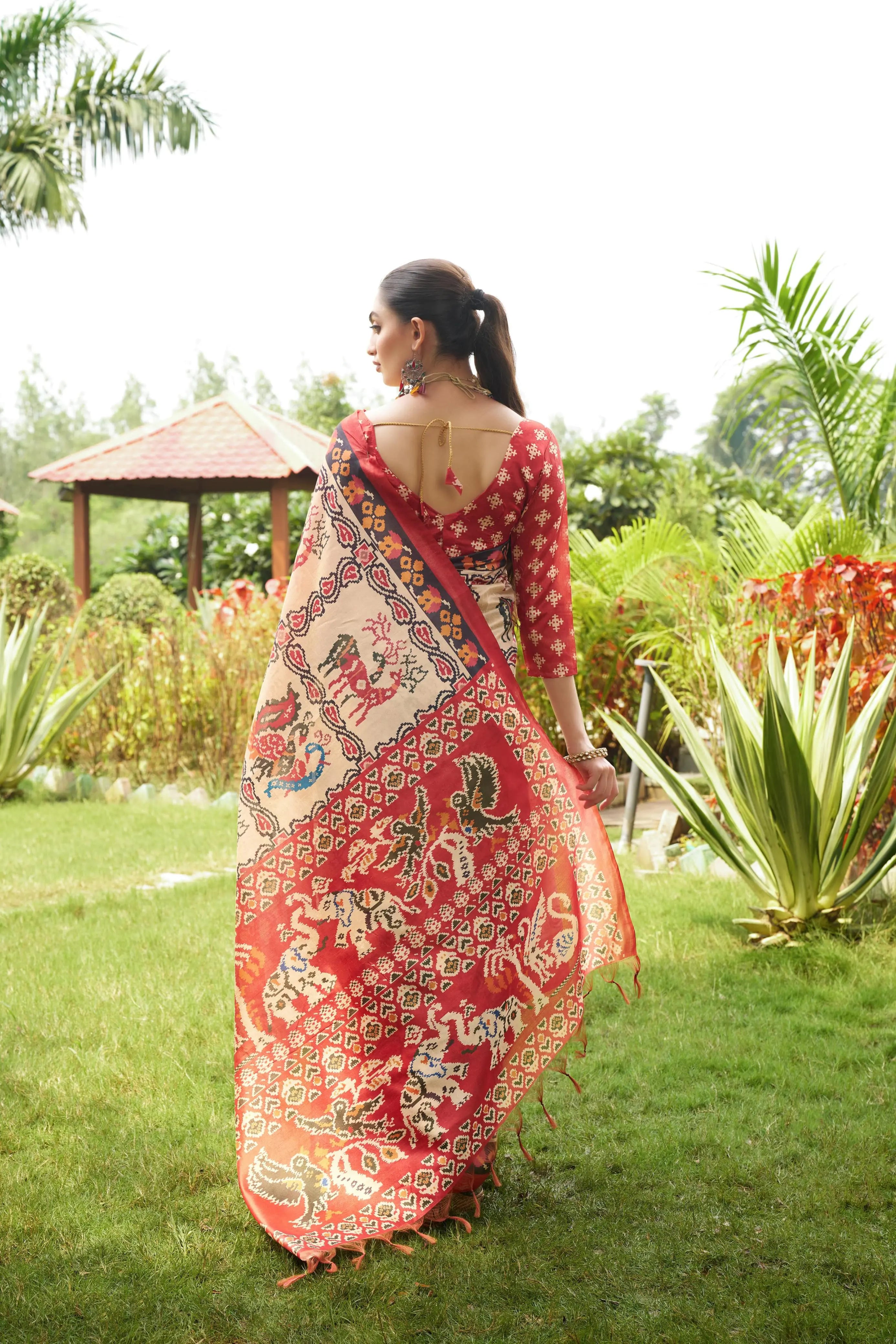 Light Beige Patola Print Soft Tussar Silk Saree - kalyanja